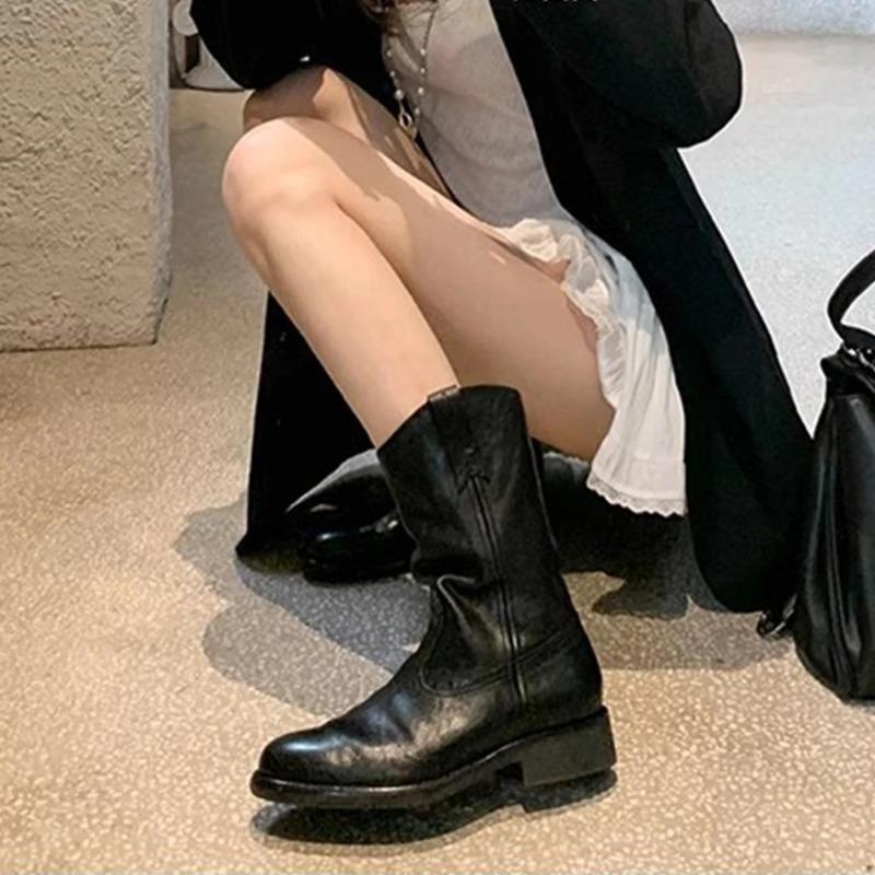 Women's Cowboy Boots Mid Calf Boots Western Short Embroidered Round Toe Low Heel Slip on Comfort Dress Slouchy Booties