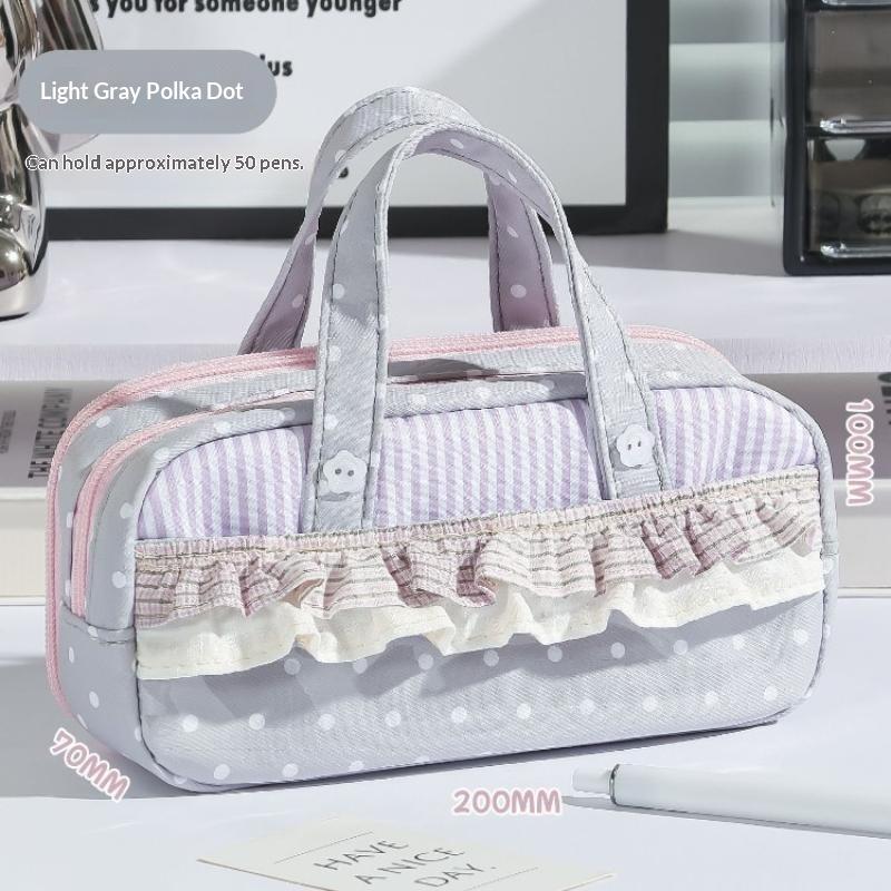 Plaid Polka Dot Lace Pencil Case Large Capacity Multi Compartment Clear Itabag Handheld Pen Bag