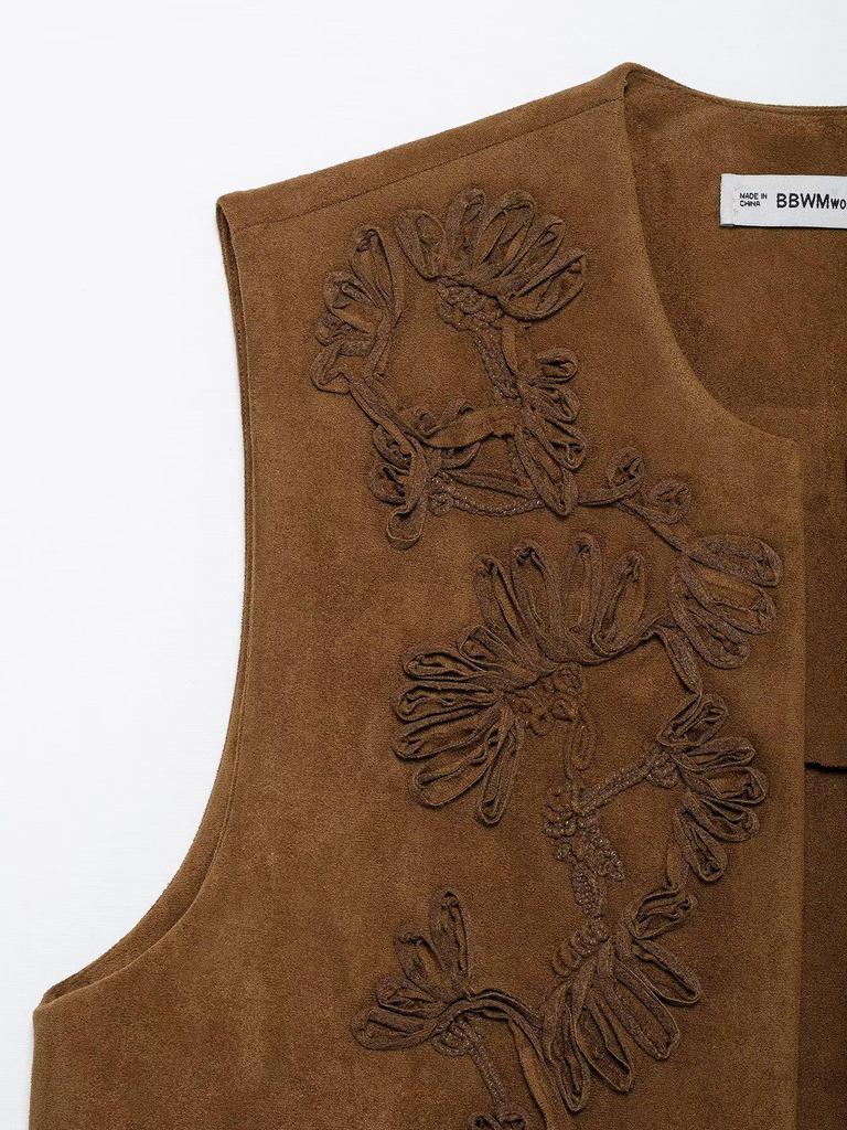 Spring 2025 Women's European & American Style Embroidered Suede Vest