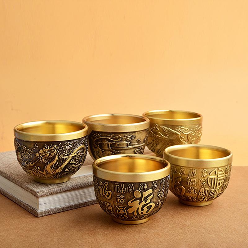 Glücksbringer-Phönix-Zylinder-Ornament, traditioneller handgeschnitzter Trinkbecher aus Messing, Feng-Shui-Schale aus Messing, Schreibtisch-Dekoration