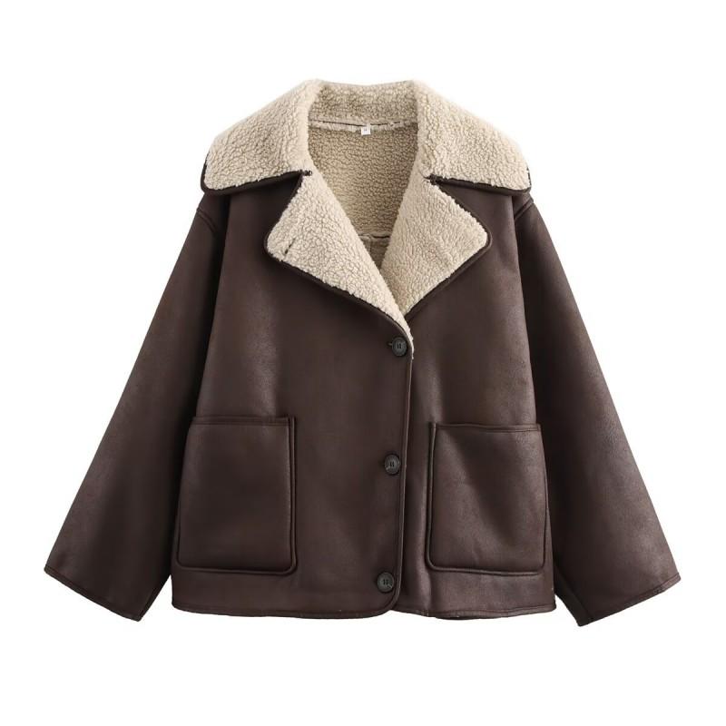 Womens Faux Fur Collar Long Sleeve Jacket In Solid Colors - Streetwear Style Regular Fit Mid-Length
