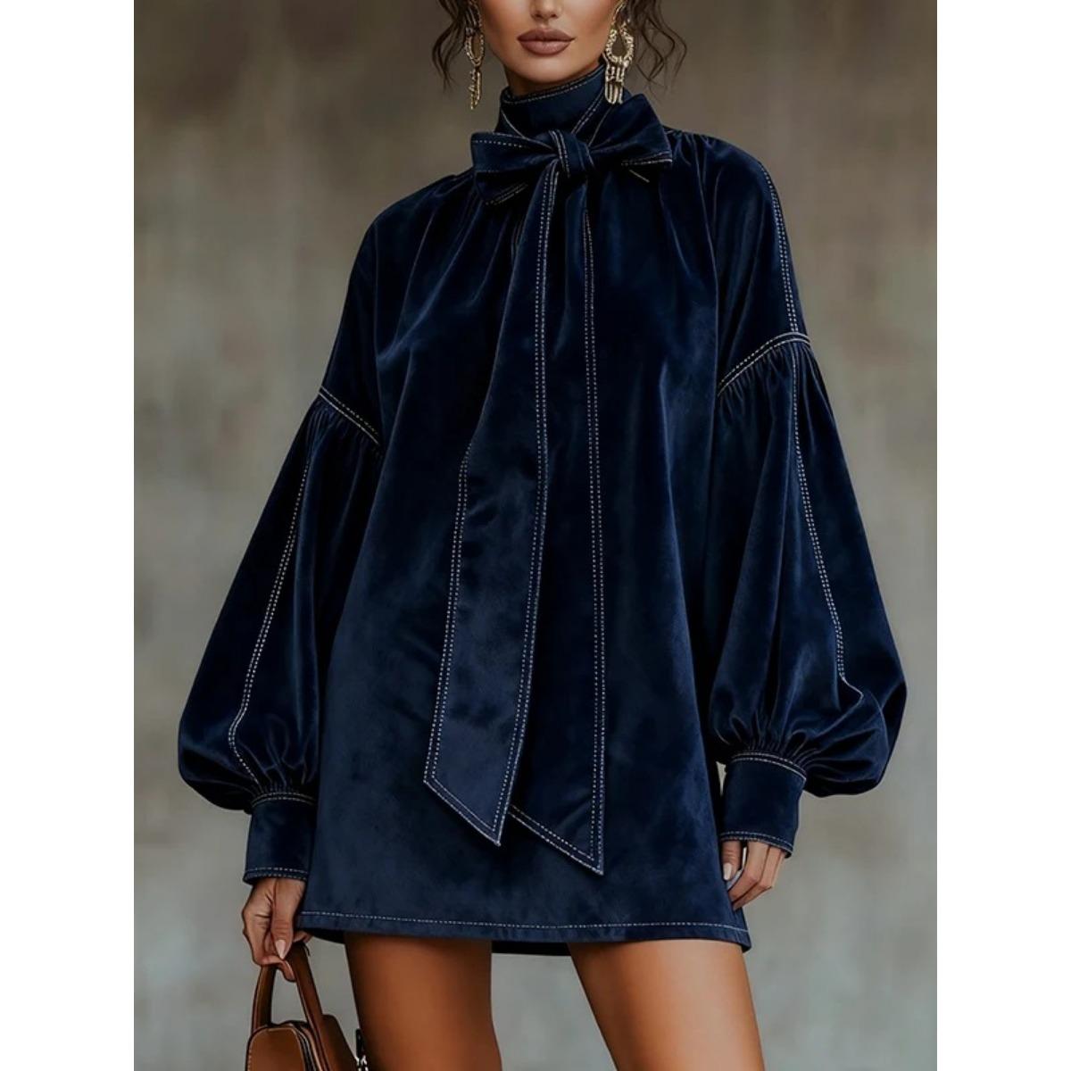 

European American Women s Fall Winter Velvet Long Sleeve Bow Tie Short Mini Dress S тёмно-синий