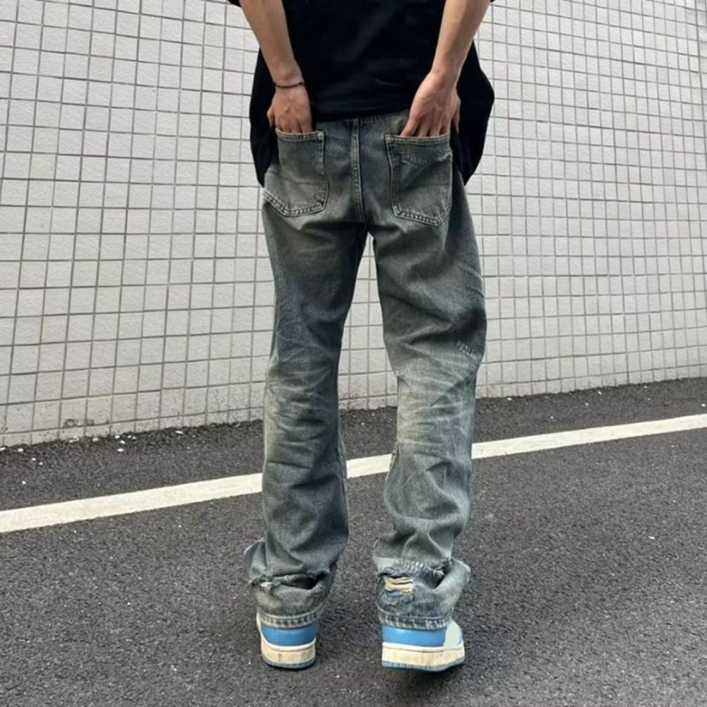 Men Jeans Ripped Hole Washed Wide Leg Straight Distressed Loose Hip Hop Streetwear Casual Multi Pockets Full Length Men Long Pan
