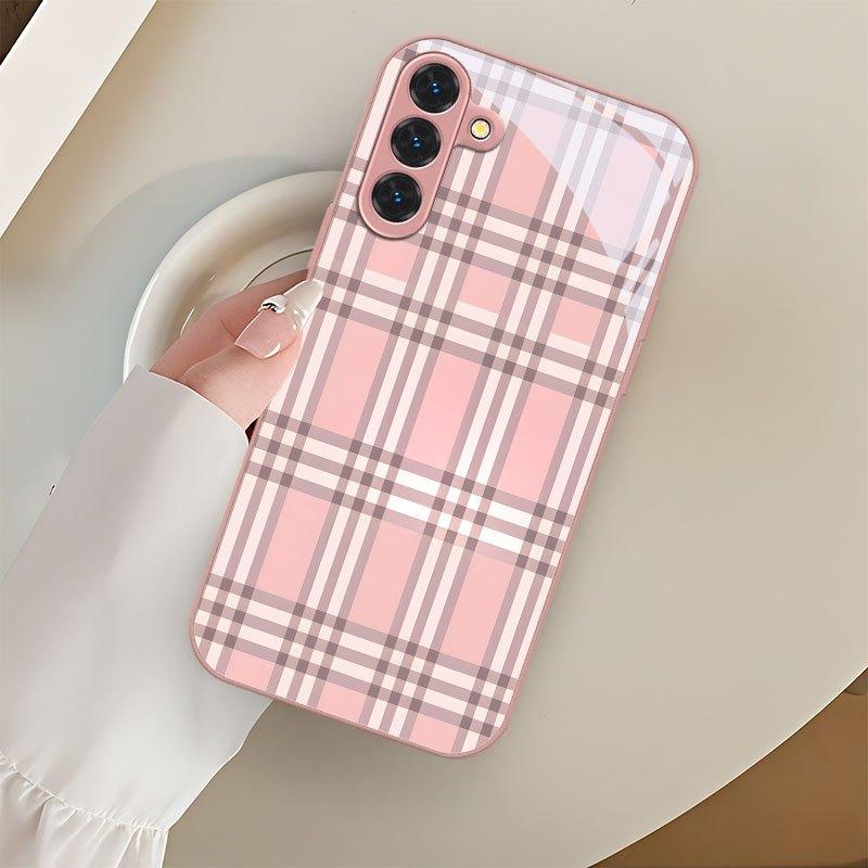 Pink checkered pattern glass phone case suitable for Samsung Galaxy S26 S25 S24 S23 S22 S20 FE/Ultra/Plus anti drop back cover