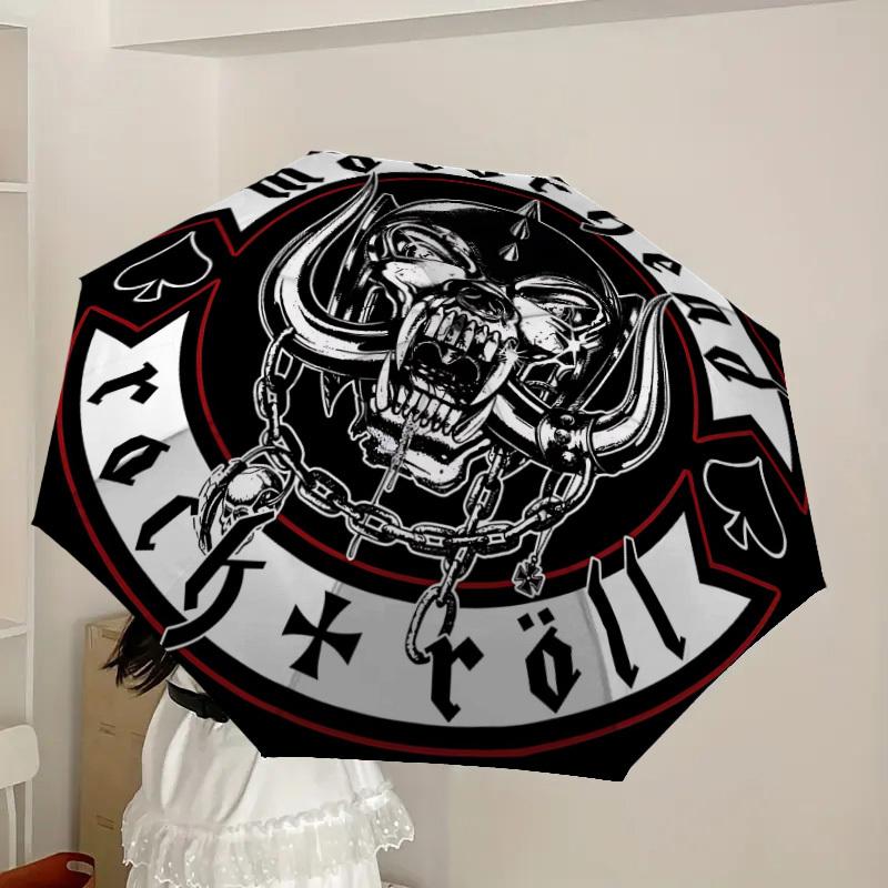1pc Motorhead Logo Automatic Umbrella | Portable Foldable 8-Rib Manual Open, Cute Halloween & Christmas Gift for Outdoor, Casual Accessory, Durable Ca