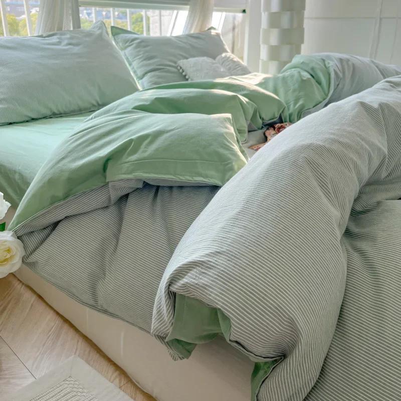 Fine Stripe Printed Bedding Set Washed Skin Friendly Naked Sleeping Comforter Cover Sets Comfortable Breathable Duvet Cover Kit