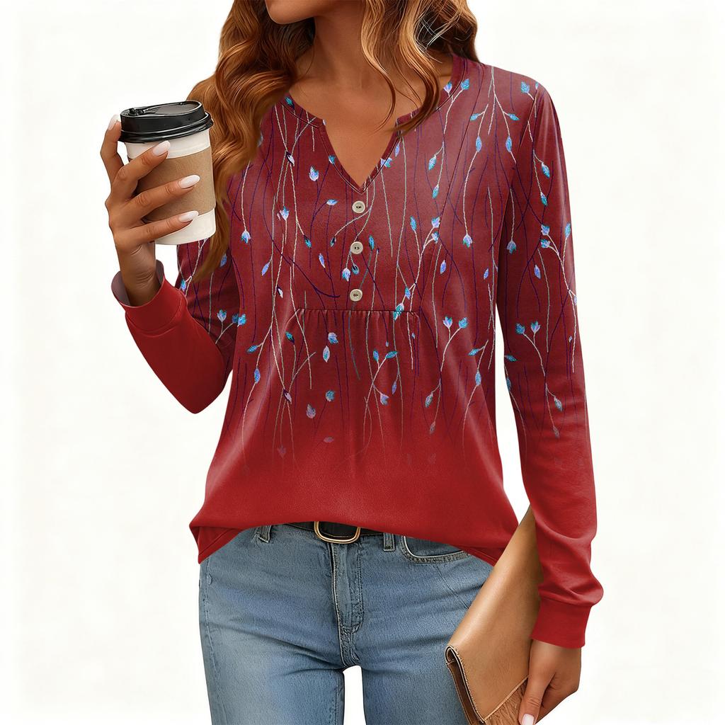 Women's Relaxed,Fit V,Neck Vintage Color,Blocked Floral Print Long,Sleeve Pullover Tee