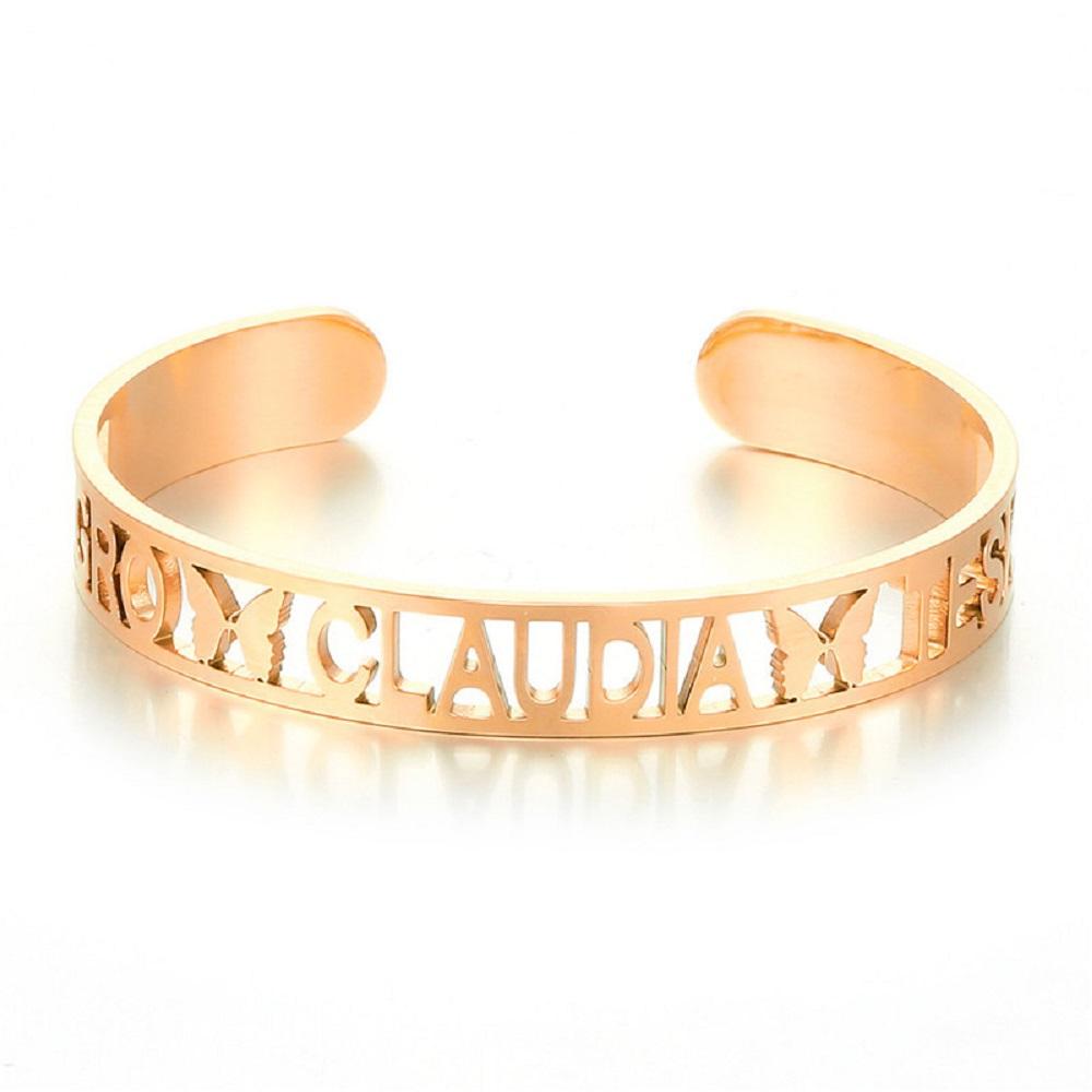 Qiuhan OEM/ODM Stainless Steel 18K Gold Plated Punk Fashion Open Bangle Dainty Handmade Wedding Gift Custom Initial Name Cuff Bangle&18cm золотой