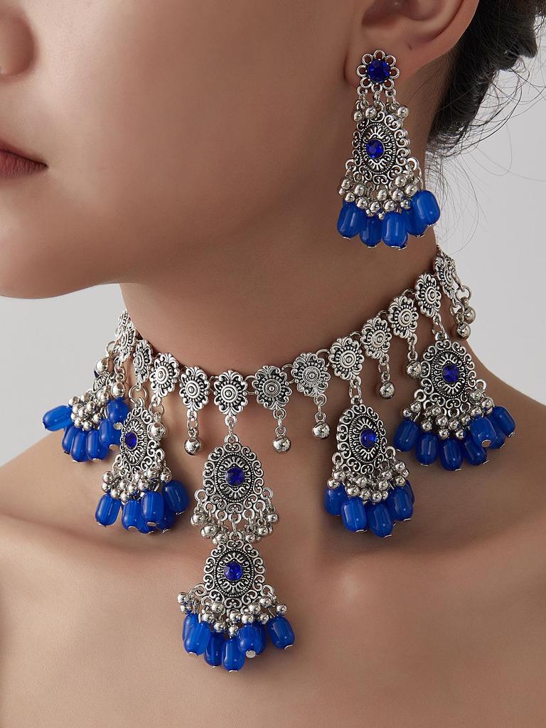 Exaggerated Indian-Style Rhinestone Tassel Necklace & Retro Ethnic Earrings Set