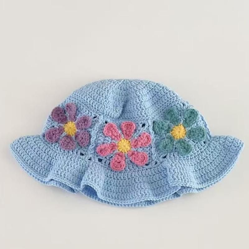 Nischen-Hut im japanischen Stil mit bunten Blumen, hohl gestrickt, Fischerhut für Damen, Frühlings- und Sommer-Strandurlaubsstil, handgefertigter Basin-Hut