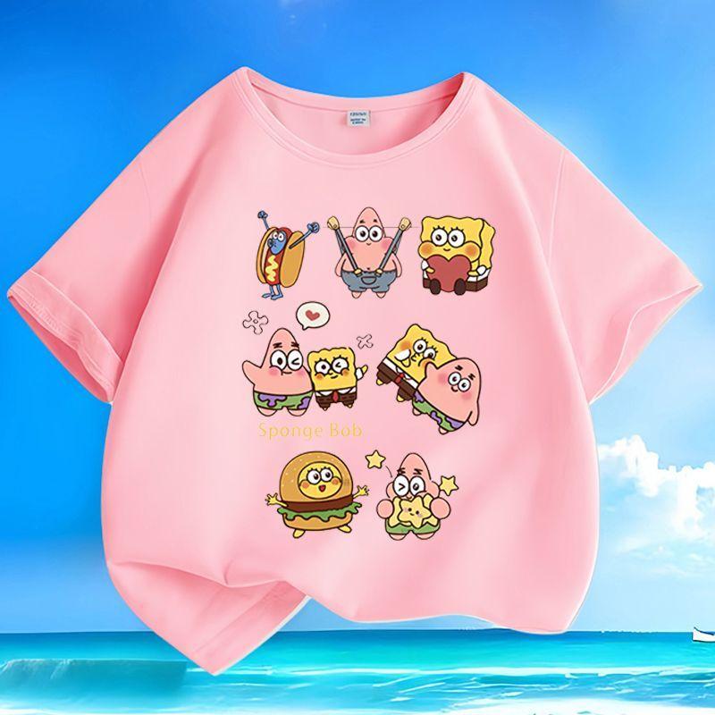 Summer Pure Cotton Qversion Cute Spongebob Squarepants New Printed Round Neck Loose Casual Top For Boys And Girls