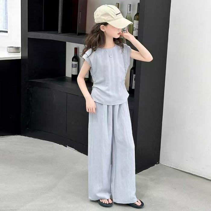 Girls' Summer Casual Set: Korean-Style Fitted Top and Relaxed-Fit Wide-Leg Pants (Oversized)