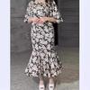 Spring new printed waist and thin exotic long-sleeved medium and long dress women