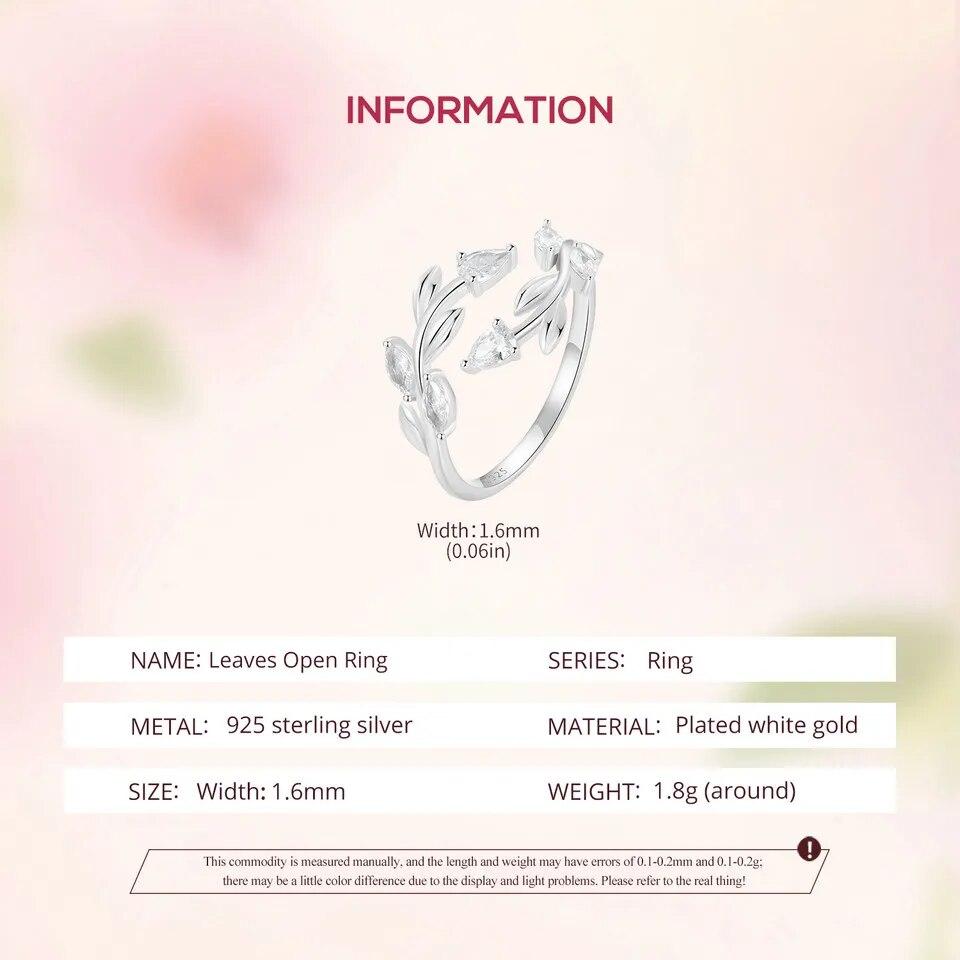 WOSTU 925 Sterling Silber Blattförmige Öffnung Ring Für Frauen Voll Glänzend Zirkon Blätter Stapelbar Party Mädchen Ringe Koreanische Schmuck