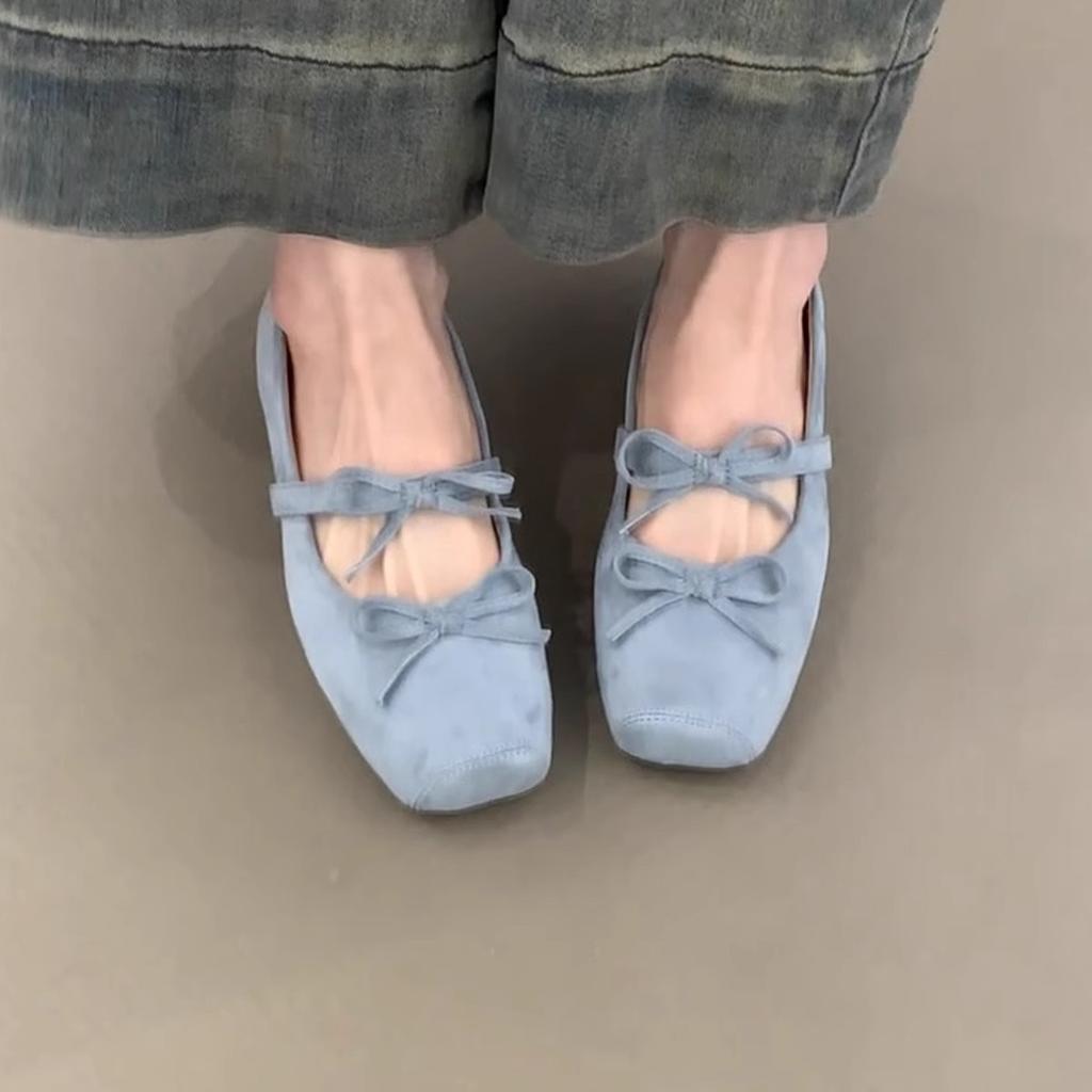 Sheepskin version~ Square head bow ballet shoes Gentle French inner height increase Mary Jane shoes Evening wind shallow mouth single shoes