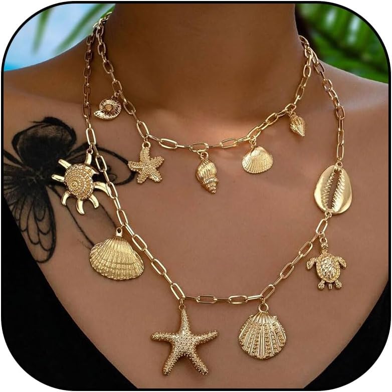 Dcfywl731 Starfish Seashell Necklace for Women Shell Pendant Accessories Chunky Gold Beach Jewelry Womens Fashion Accessories Summer Outfits for