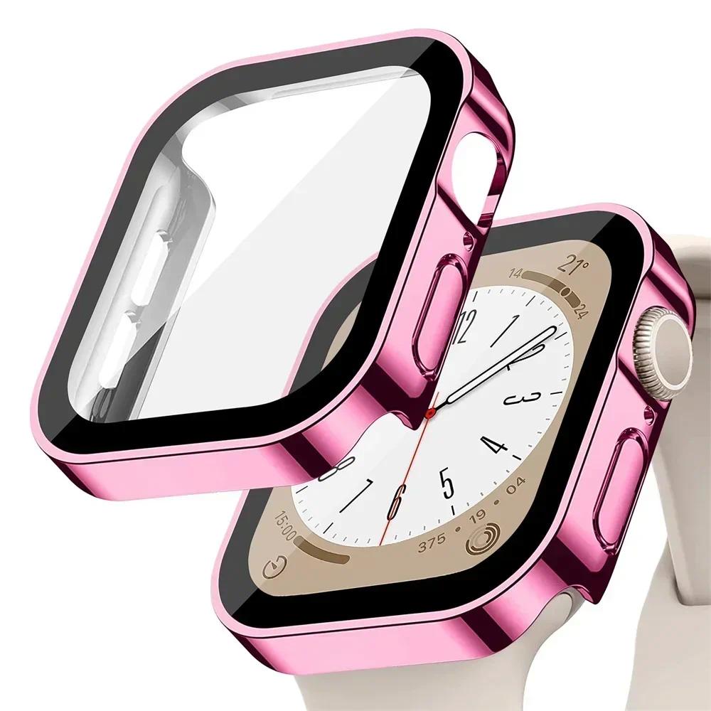 Glass+Case For Apple Watch 42 46mm 45mm 41mm 49mm 44mm 40mm Straight Edge Screen Protector Cover Case iWatch SE 6 7 8 9 10 Ultra