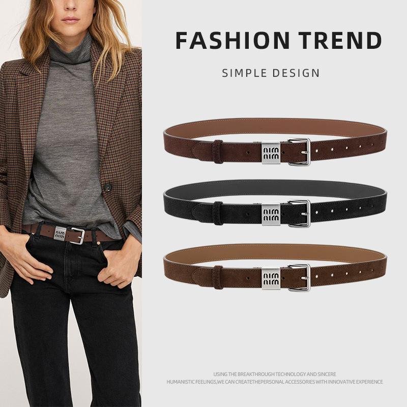 Frosted Reverse Velvet Leather Belt for Women High-end Simple and Versatile Skirt Pin Buckle Decorative Belt for Women