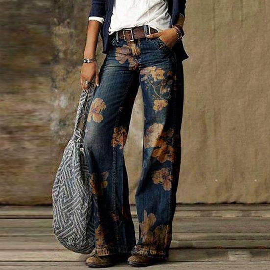 Damen Retro High Waist Wide Leg Floral Print Lange Lockere Jeans Hosen