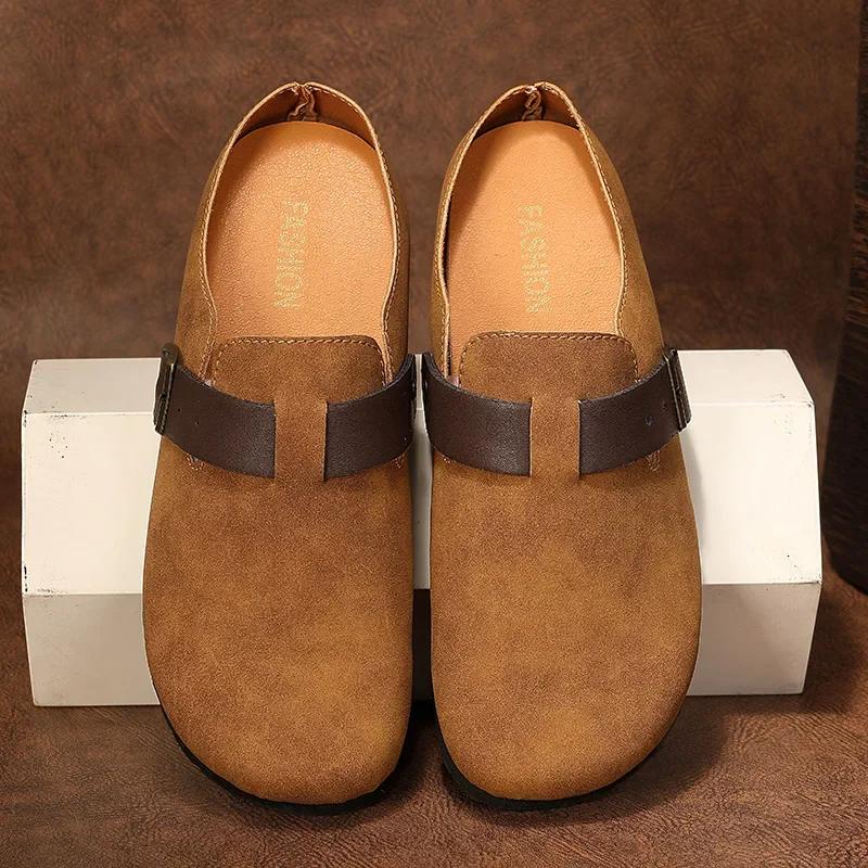 Suede Men Casual Shoes Fashion Breathable Leather Half Slippers Outdoor Indoor Loafers Flats Comfortable Summer Couple Sneakers