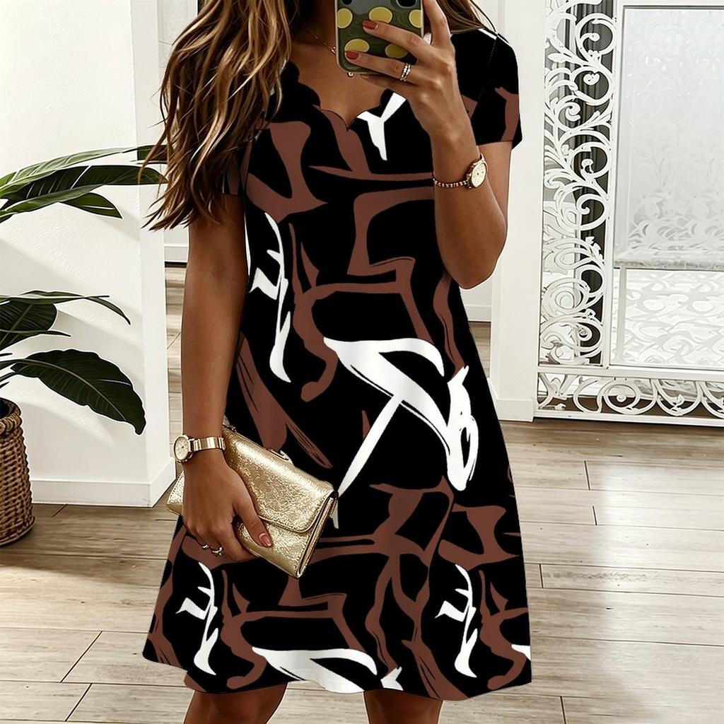 Oversized Women V Neck Short Sleeve Dress Abstract Geometric Printed Loose Dress For Summer Street Outfits