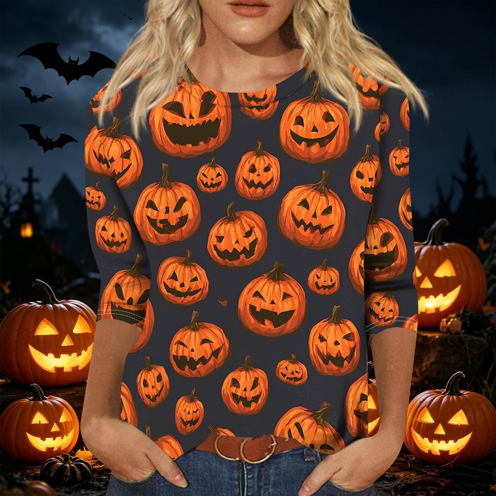 Women's Casual Halloween Print Pullover Top Lightweight Long Sleeve Round Neck Shirt for Fall Seasonal Wear