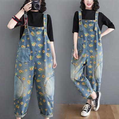 Ocazional Largi Plus Size Jeans Salopete Femei Primavara Imprimeu Floral Denim Pantaloni