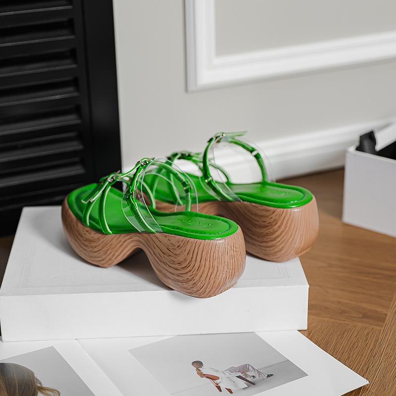 Roman Holiday Style High-end Soft-soled Heightened One-word Open-toed Platform Sandals Thin Strips Wood Grain Wedge Heel Muffin Shoes