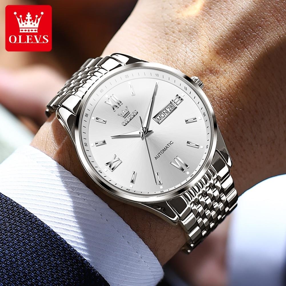 OLEVS Watches for Man Original Stainless Steel Dual Calendar Luminous Waterproof Business Automatic Mechanical Men's Watch 6777