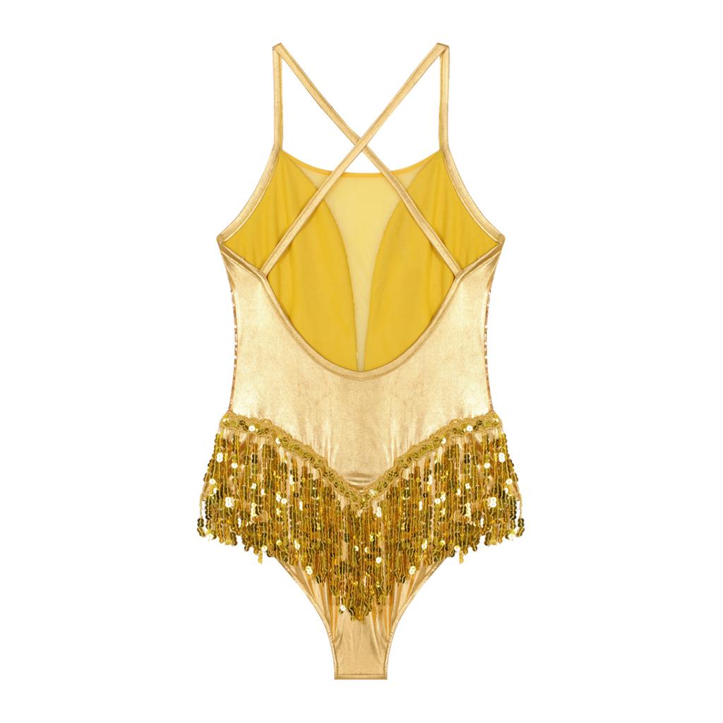 Lateinischer Jazz-Tanz-Trikotrock, hohl, überkreuzter Rücken, glänzende Fransen für Damen, Tanzkleidung