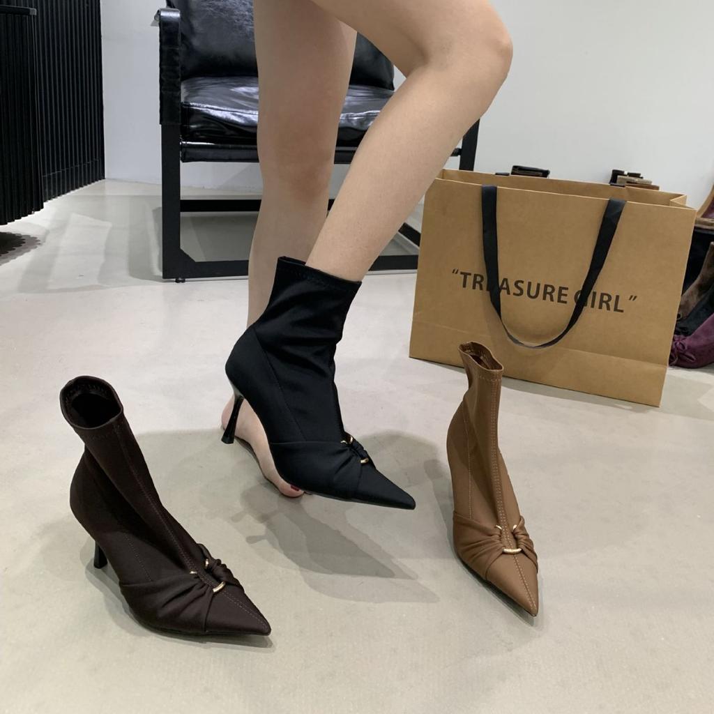 2025 Autumn and Winter New Simple Retro Satin Pointed High-heeled Short Boots Women's Thin-heeled Elastic Boots Thin Boots