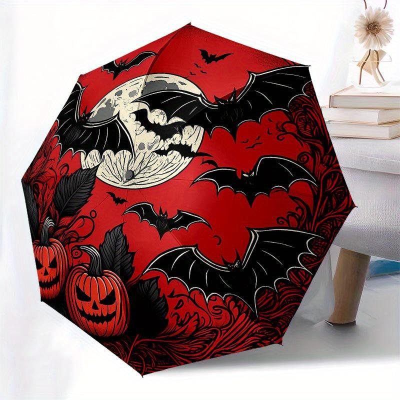 Halloween Moonlit Bat & Pumpkin StickerUmbrella with Cute Design, Portable 3-Fold Compact Umbrella for Men & Women, Valentine's Day Mother's Day Hallo