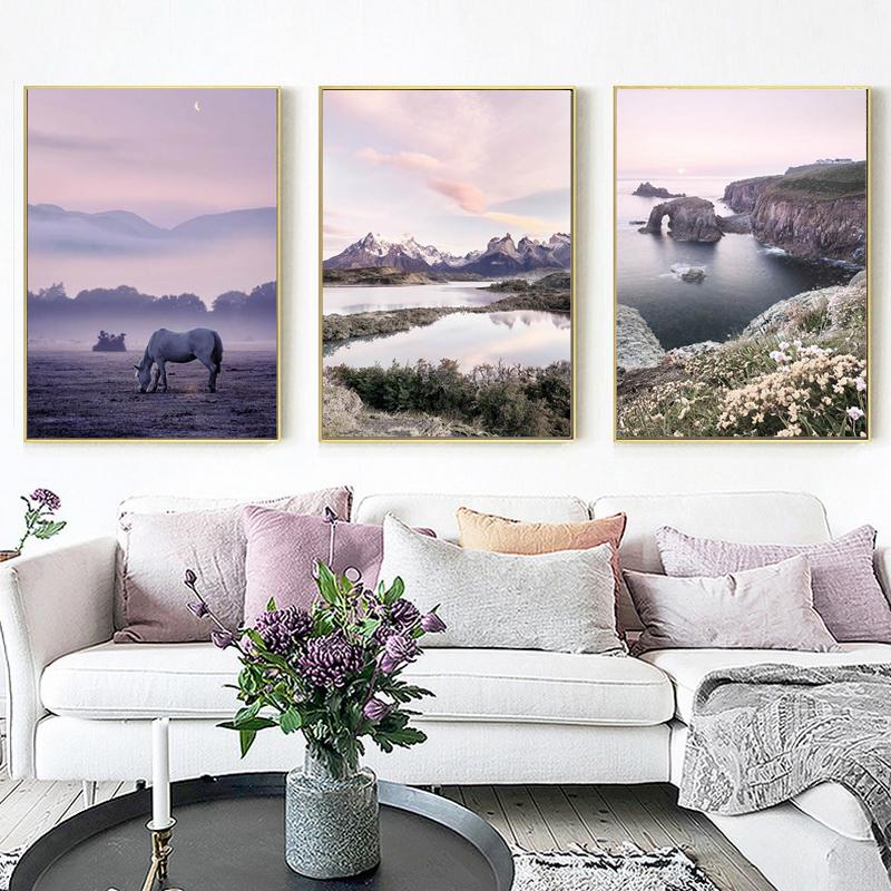 Purple Sunset Nature Landscape Art Poster Starry Night Foggy Mountain Canvas Painting Wall Print Nordic Home Decoration Picture