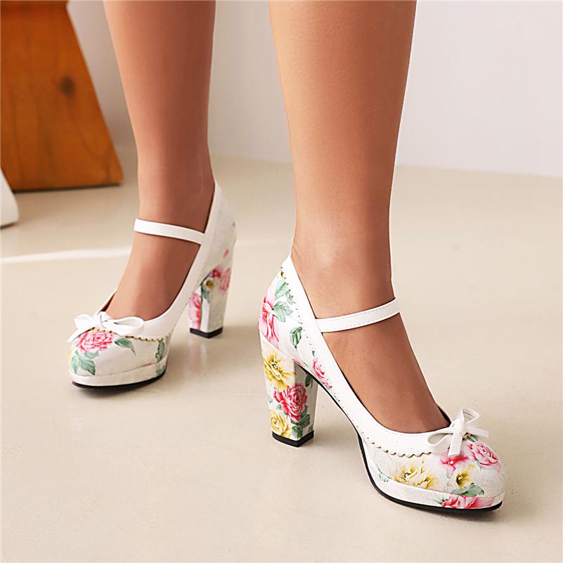 FOREADA Women Mary Janes Pumps Round Toe Thick High Heels Lolita Floral Buckle Bow Glove Shoes Ladies Fashion Shoes Spring Autumn