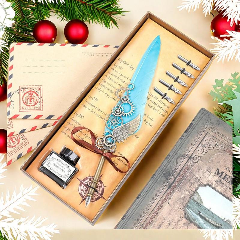 Vintage Map Feather Dip Pen Set Brass Base Wax Seal Stamp Gift Box Holiday Birthday