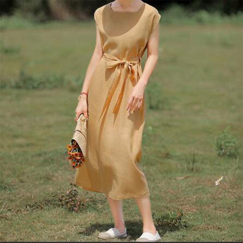 

Летнее платье миди с квадратным вырезом, однотонное, из хлопка и льна, простое, свободного кроя, с завязкой на талии, женское, зеленое, удобное, элегантное XXXL абрикосовый