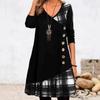 Women's Long Sleeve Button Check Patchwork Dress Ladies V Neck A-Line Casual Night Gown Plus Size Clothing 2024