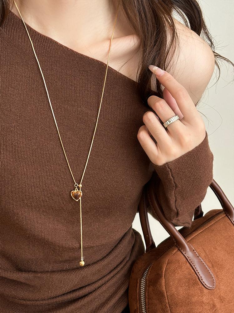 Geometric Retro Tiger Eye Stone Pendant Zipper Pull Long Necklace For Women's Autumn/Winter Sweater Chain Trendy Neck Jewelry