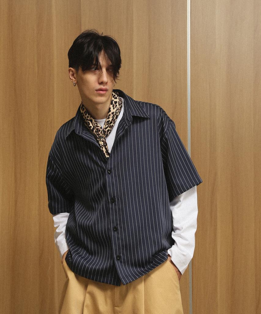 ROCKPSYCHO Crop Pinstripe Shirt - Navy
