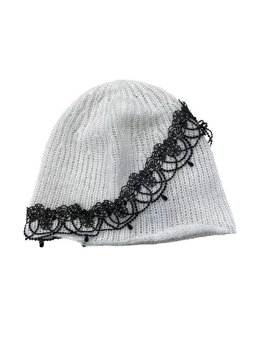 

Women s White Lightweight Knit Beanie Gothic Black Thorn Lace Trim Breathable Spring Summer Slouchy Skull Cap Fashion Accessory 56-58cm