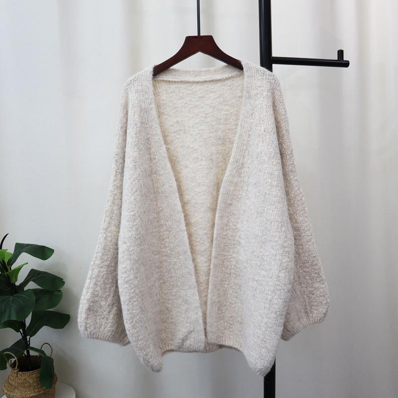 Autumn and Winter New Loose Soft Waxy Solid Color Lantern Sleeve Knitted Cardigan Lazy Wind Sweater Jacket Women