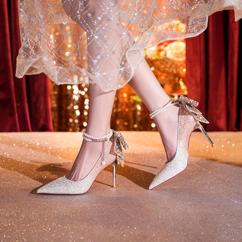 9888W-012 Xiuhui Women's High-End Crystal Pearl Wedding Heels with Sequins and Bowknot