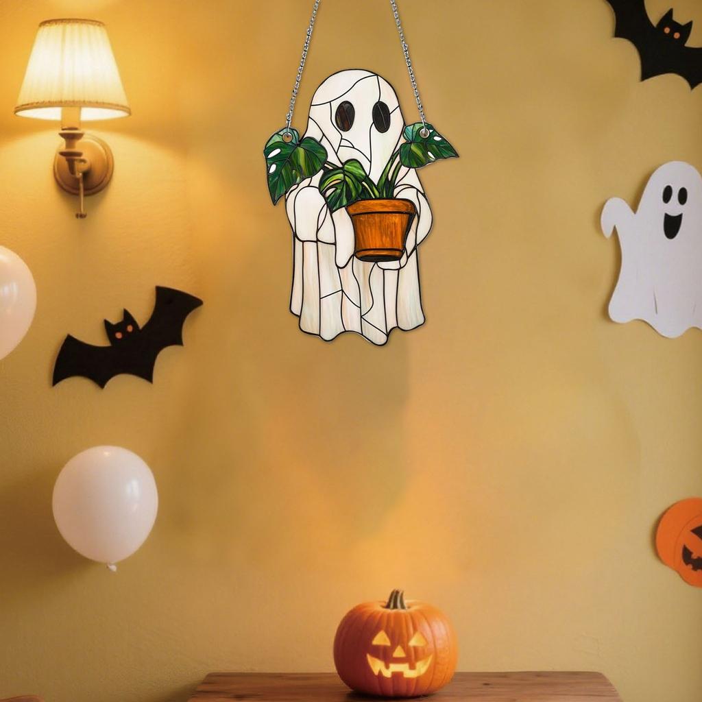 Halloween Ghost-Themed Painted Wooden Hanging Ornament