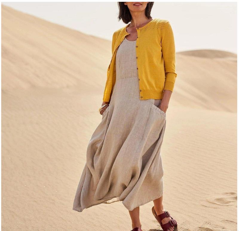 Ärmelloses Baumwoll-Leinenkleid mit Taschen für Sommer 2025 - Damen Europäischer & Amerikanischer Rundhalsausschnitt