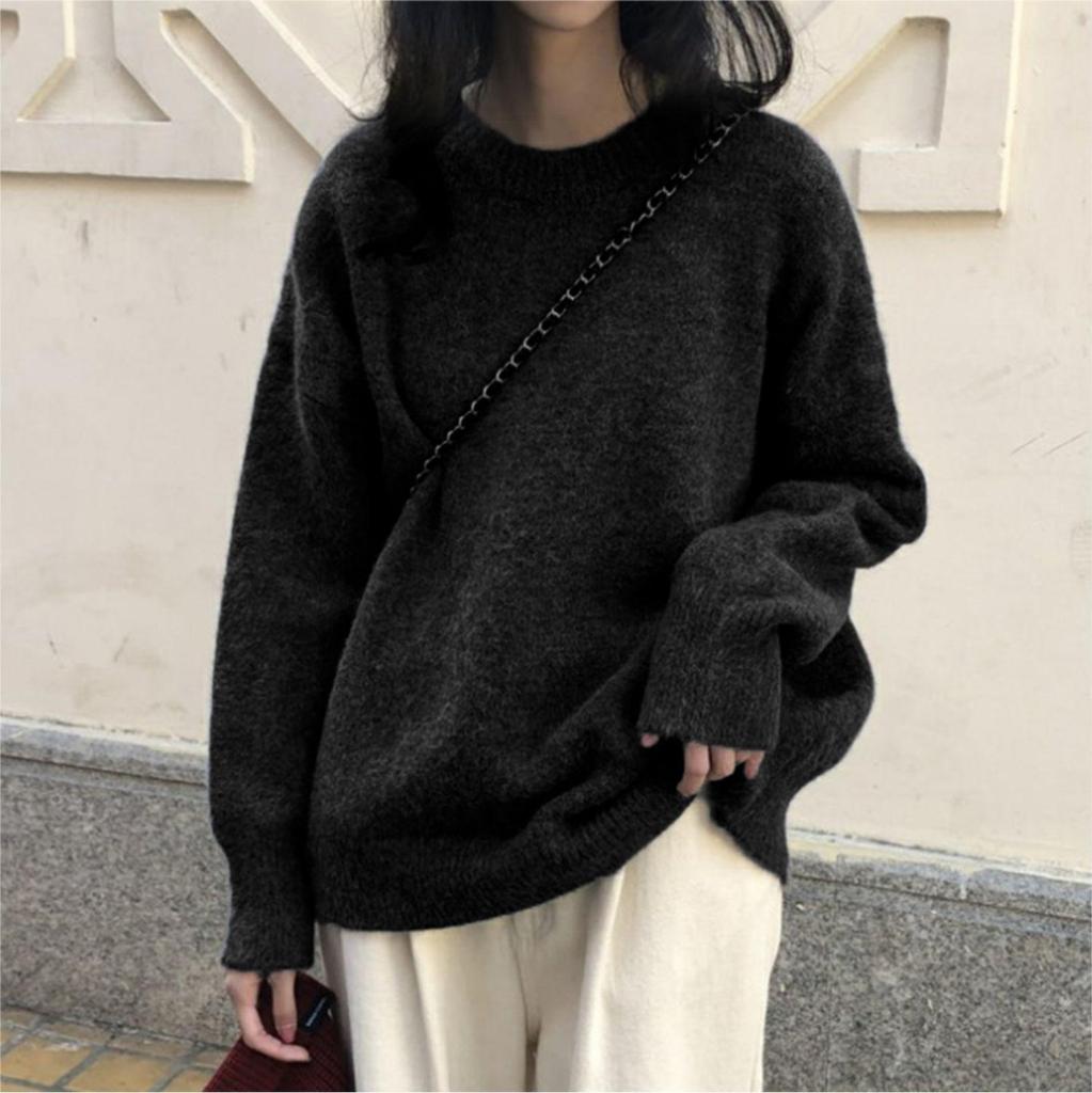 Retro Design Soft Waxy Round Neck Pullover Sweater Women's Autumn and Winter New Loose Lazy Wind Knitted Sweater Top