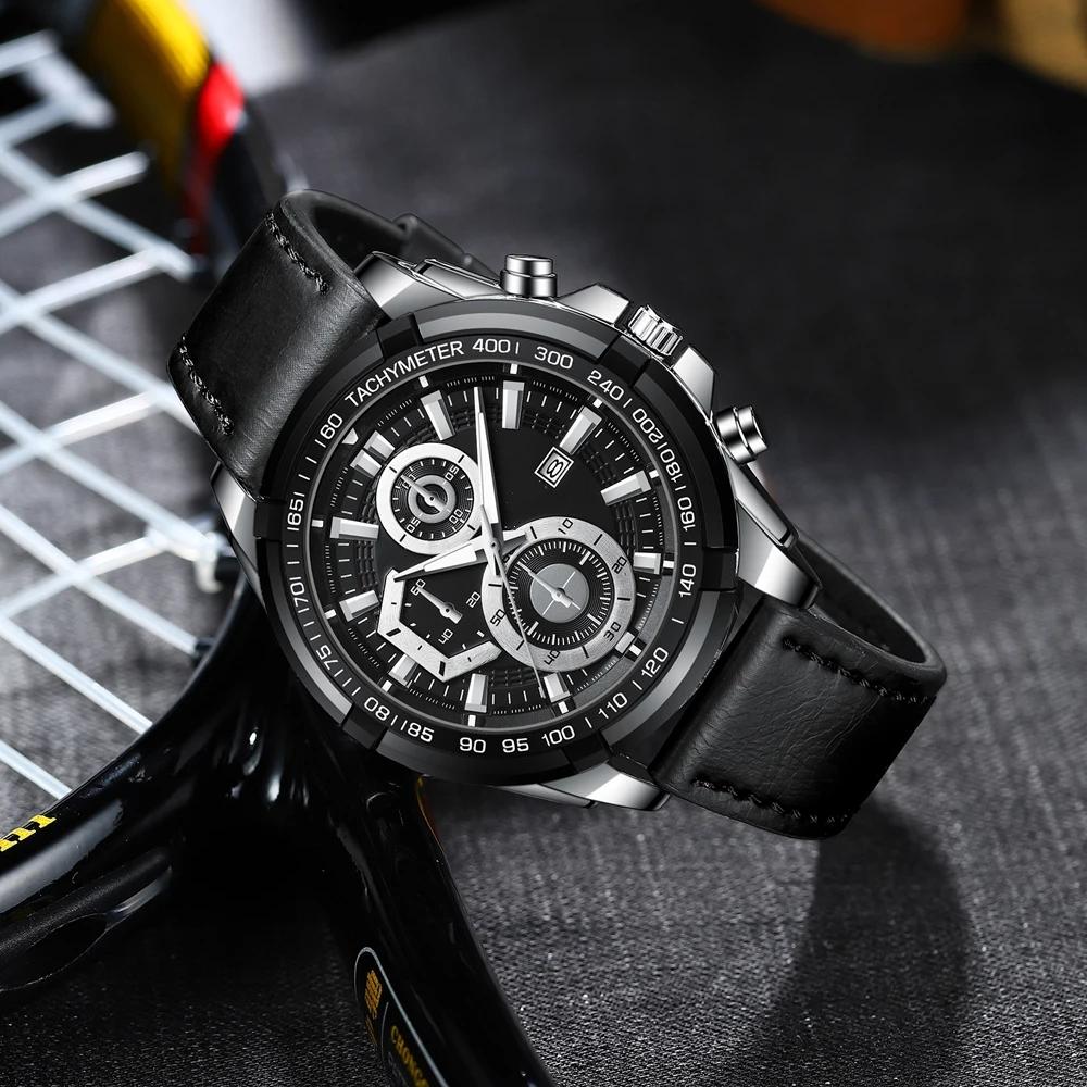 Quartz Machine Core Men Watch Waterproof Luminous Pointer Calendar Casual Leather Strap Wristwatch