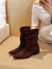 Autumn Slack! Khaki Pointed-tipped Pleated Booties Women's Autumn Suede Thick-heeled Martin Boots