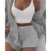 Women's Loose Fit Three Piece Loungewear Long Sleeve Fuzzy Cardigan V Neck Tank Drawstring Waist Shorts Winter Solid Tracksuit