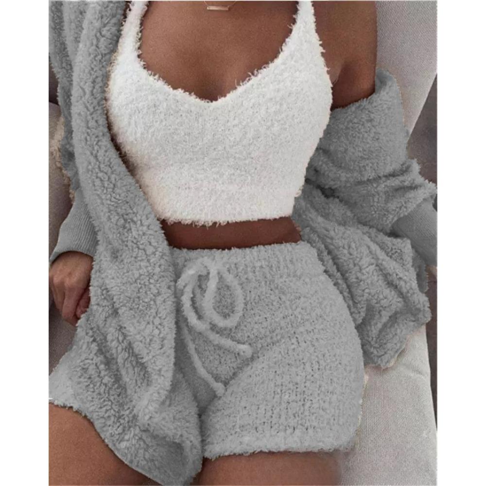 Women's Loose Fit Three Piece Loungewear Long Sleeve Fuzzy Cardigan V Neck Tank Drawstring Waist Shorts Winter Solid Tracksuit