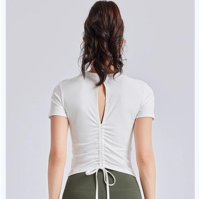 New Style Drawstring Beautiful Back Pleated Yoga Wear Short Sleeved Female All-in-one Cup Fitness Sports Top with Chest Pad for Women